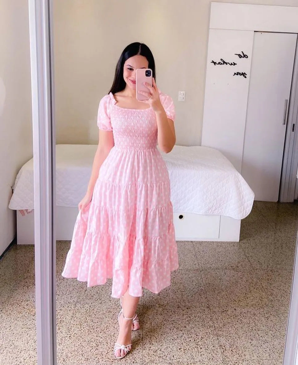 Elegant Women's Off Shoulder Midi Dress 2025 Summer Fashion dresses High Waist Flower Print Short  Sleeve Dress Robe Clothing