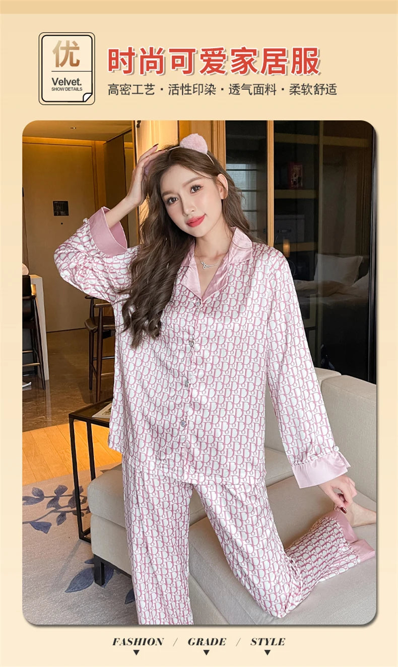 Women Casual Luxury Pajamas Thin Pajamas Female Sleepwear New Elegant Ladies Faux Silk Polyester Dots Pajama Sets Sexy Home wear