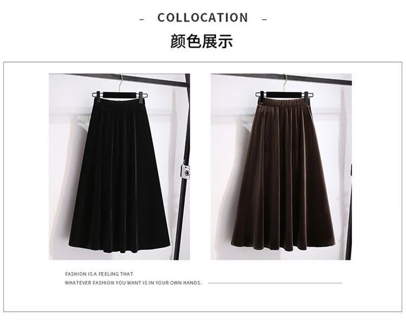 Women Large Size 4XL A-line Long Skirts Autumn Winter Ladies High Waist Skirt New Female Golden Velvet Maxi Skirt