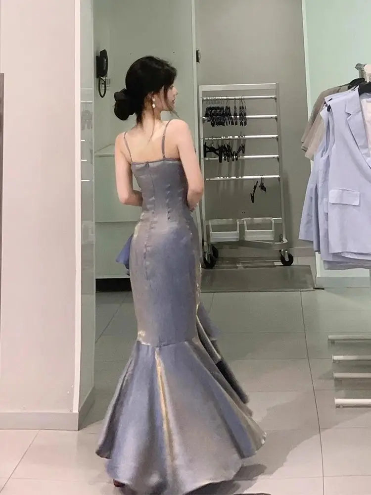 Korean Vintage Velvet Long Dress Women Luxury Slim Mermaid Spaghetti Strap Floral Dress Elegant Sexy Casual Evening Party Dress