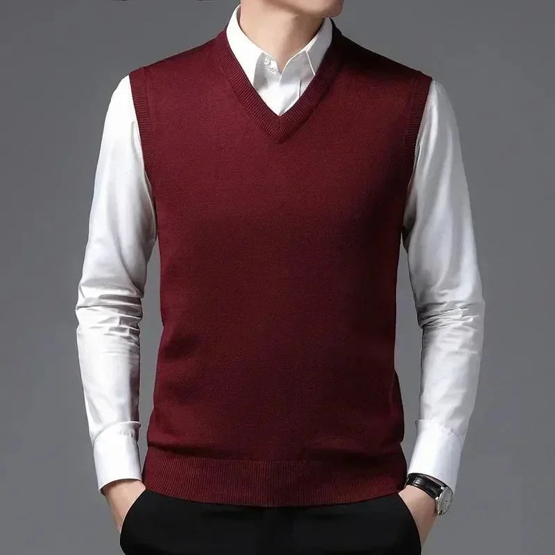 New Men's Autumn High-end Sweater Vest V-neck Warm Knit Sleeveless Men's Clothes Pullover Tops