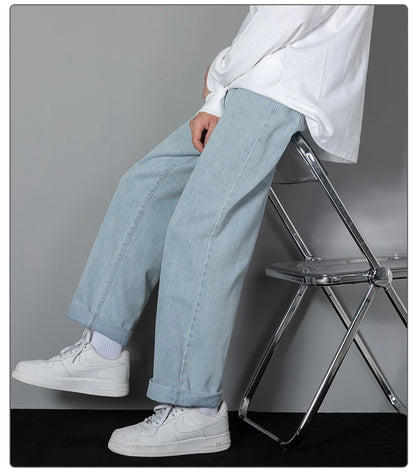 2026 New Korean Men's Casual Long Jeans Classic Man Straight Denim Wide-leg Pants Solid Color Light Blue Grey Black 3XL