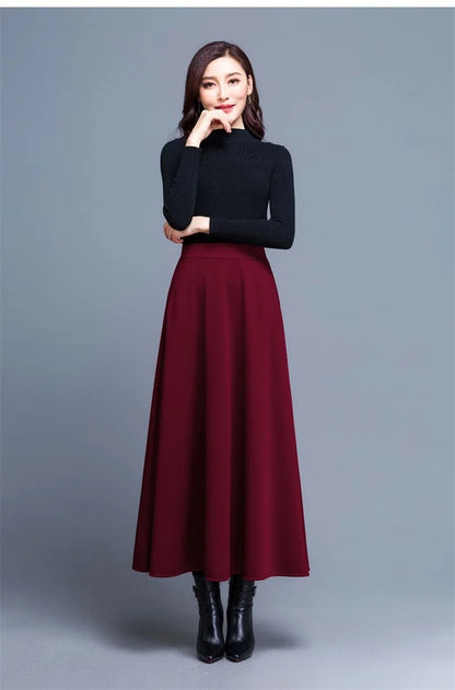 Spring Autumn Large Size A-Line Skirts Women Elastic High Waist Wine Red Black Long Skirt Female Casual Solid Color Maxi Skirts