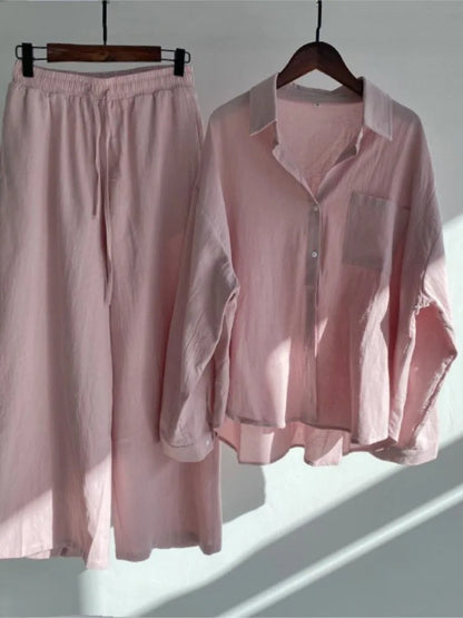 Spring Summer Women's Two Piece Casual Long Sleeve Shirt Women's Suit Fashion Button Casual Female Wide Leg Pants 2 Piece Sets