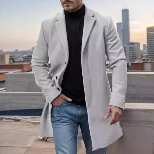 Fashionable Single Breasted Woolen Mid Jacket Men Autumn Winter Vintage Turn-down Collar Solid Color Overcoats Men's Outerwear