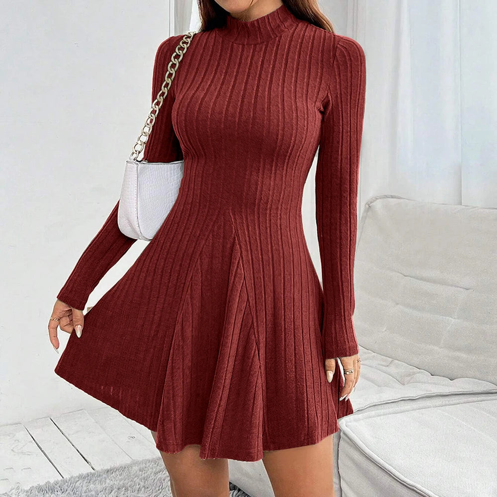 Mia Muse Women's Dress Fall Winter Simple Solid Color Long Sleeve Mock Neck A Line High Waisted Flare Hem Casual Short Dress