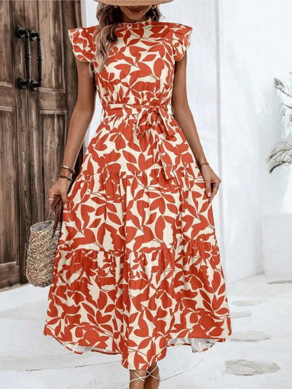 Elegant Women's Flower Midi Dress New Summer Fashion Stand Collar Flying Sleeve Lace Up Dress Casual Beach Holiday Dresses Robe