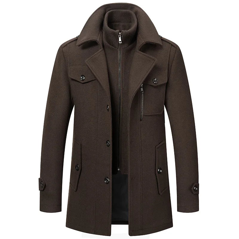 2026 Men's Woolen Coat Middle-aged Double Collar Autumn And Winter Warm Fashion Slim-fitting Woolen Men's Coat Pocket