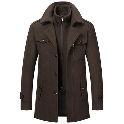 2026 Men's Woolen Coat Middle-aged Double Collar Autumn And Winter Warm Fashion Slim-fitting Woolen Men's Coat Pocket