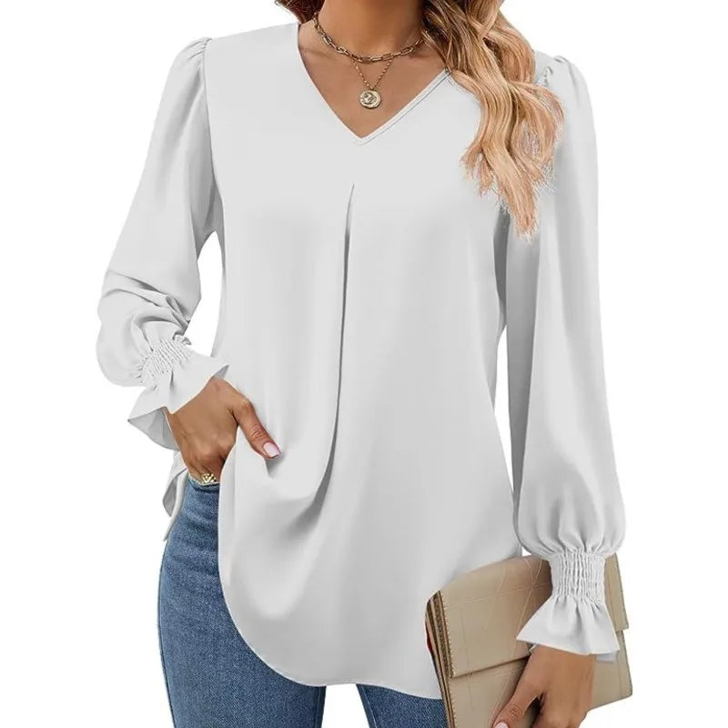 Women's New Solid Color Chiffon Shirt V-neck Pullover Flared Long Sleeved Top Shirt Office Lady Elegant Khaki Loose Blouse