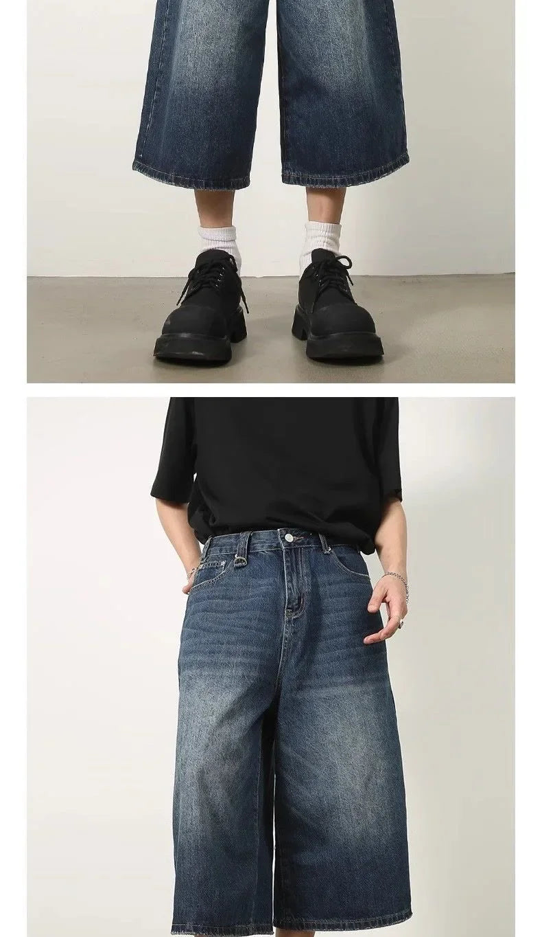 Men Women Y2k Style Baggy Denim Shorts Wide Leg Short Pants Fashion High Waisted Dark Wash Knee Length Loose Unisex Jeans Casual
