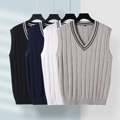 Winter Men Knit Vest Casual Knitted Sweater Cotton Waistcoat v-Neck Knitwear Men's Slim Fit Striped Sweater Vest Man Clothing