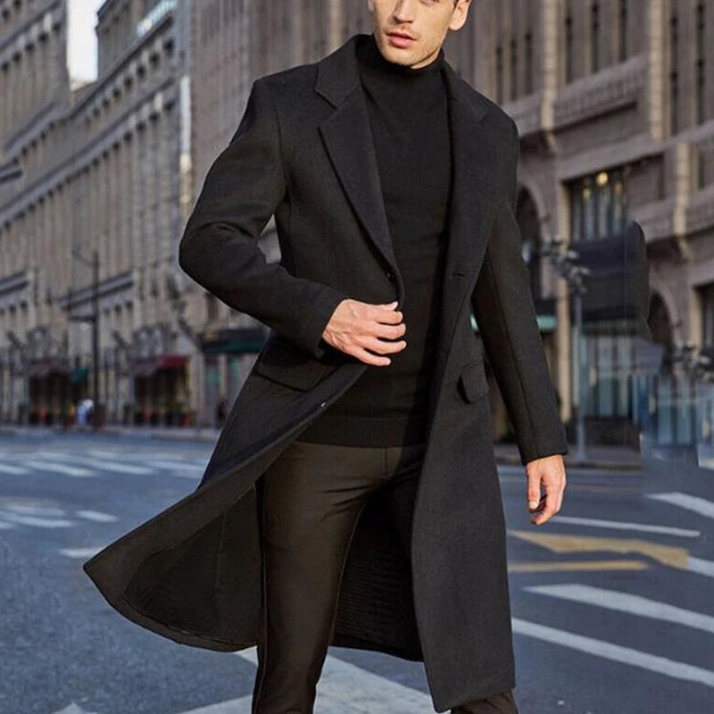 Korean Trend Men's Loose Casual Single-breasted Overcoat Autumn Winter Fashion New Long Sleeve Woolen Long Coat 2026