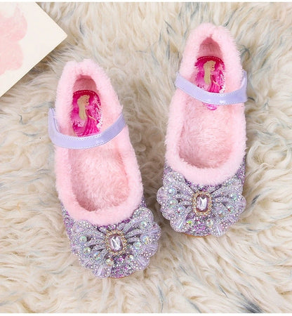 Disney Autumn Fashion Pearl Bow Rhinestone Frozen Elsa Princess Girl Shoes Flat Kids Princess Warm Winter Shoes Size 23-36
