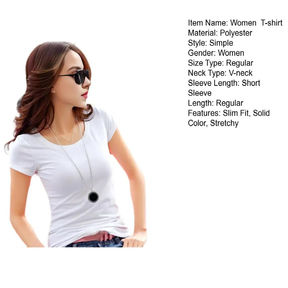 Women T-shirt V-neck Short Sleeve Slim Fit T-shirt Solid Color Pullover Tops Stretchy Bottoming Shirt Women Blouse Streetwear