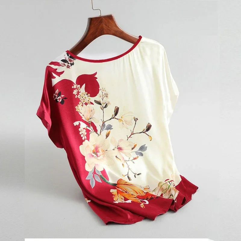 Plus Size Women Silk Satin Blouses Spring Summer Floral Printing Blouse Female Fashion Shirt Tops