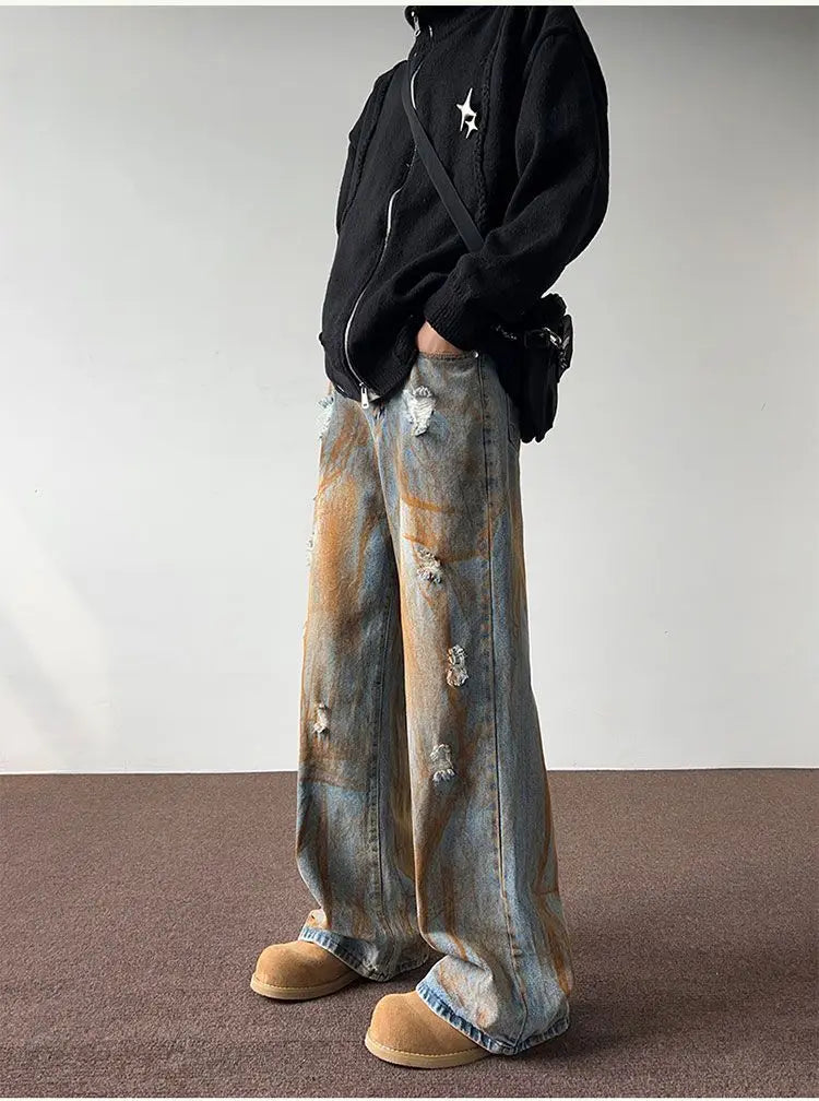 Men's trousers summer thin tie-dyed ripped jeans men's loose straight washed distressed high street American men's trousers