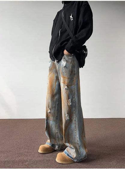 Men's trousers summer thin tie-dyed ripped jeans men's loose straight washed distressed high street American men's trousers