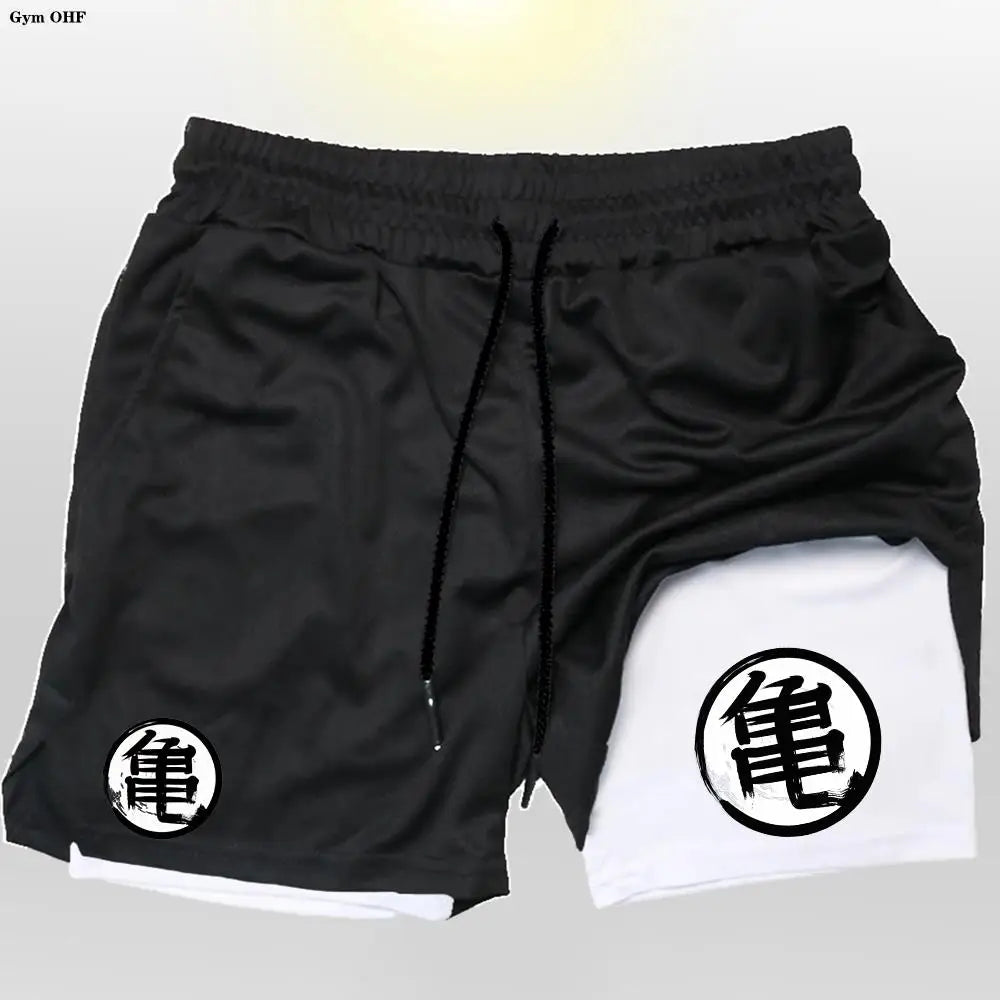Goku Anime Running Shorts Men Fitness Gym Training 2 in 1 Sports Shorts Quick Dry Workout Jogging Double Deck Shorts