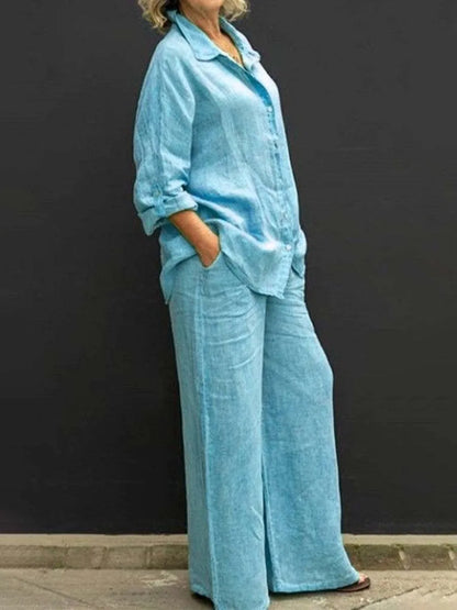 Casual Cotton Linen Two Pieces Set Women Autumn Long Sleeve Shirt Trousers Set Fashion Solid Straight Pants Suits Women Outfits