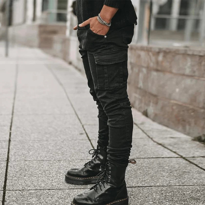 Jeans Men Pants Wash Solid Color Multi Pockets Denim Mid Waist Cargo Jeans Plus Size Fashion Casual Trousers Male Daily Wear