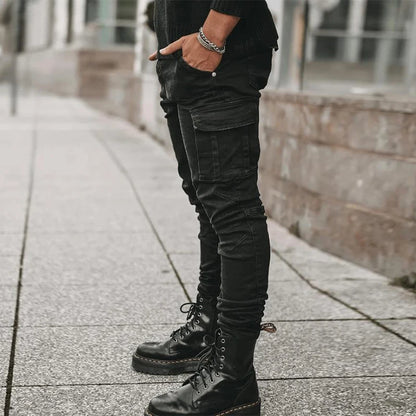Jeans Men Pants Wash Solid Color Multi Pockets Denim Mid Waist Cargo Jeans Plus Size Fashion Casual Trousers Male Daily Wear