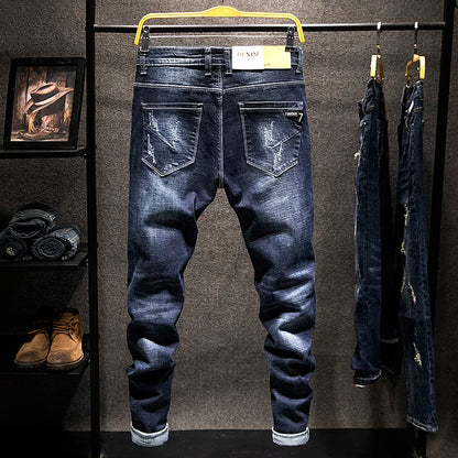 2025 New Ripped Jeans Men Slim-fit Denim Pants Cotton Korean Style Fashion Elasticity Versatile Blue Black Men's Clothing
