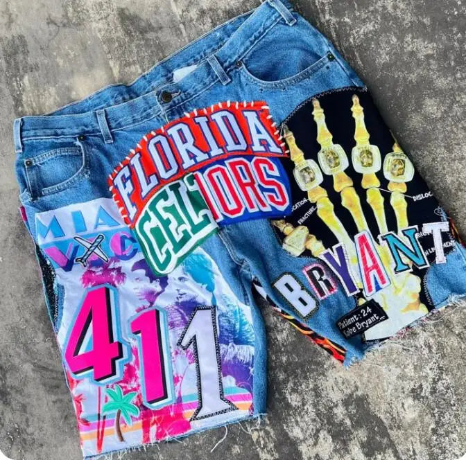 2025 European and American Summer Retro Skeleton Denim Shorts Sports Casual Shorts New Couple Wear Street Wear Five-Fifth Pants