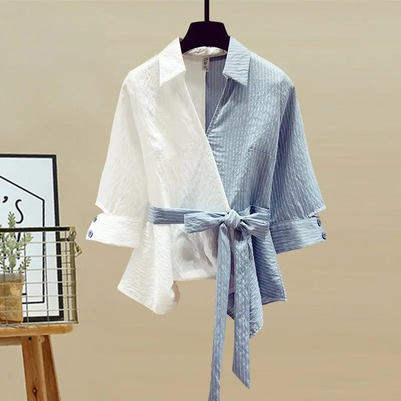 2026 Summer New Stitched Chiffon Shirt Female Set Elegant Women's Jeans Casual Blouse Two Piece Set Ladies Tracksuits