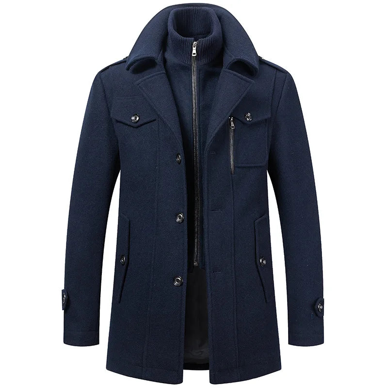 2026 Men's Woolen Coat Middle-aged Double Collar Autumn And Winter Warm Fashion Slim-fitting Woolen Men's Coat Pocket