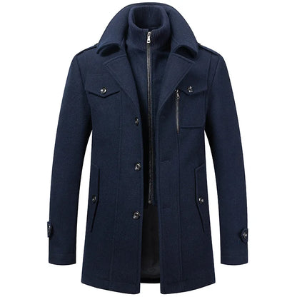 2026 Men's Woolen Coat Middle-aged Double Collar Autumn And Winter Warm Fashion Slim-fitting Woolen Men's Coat Pocket