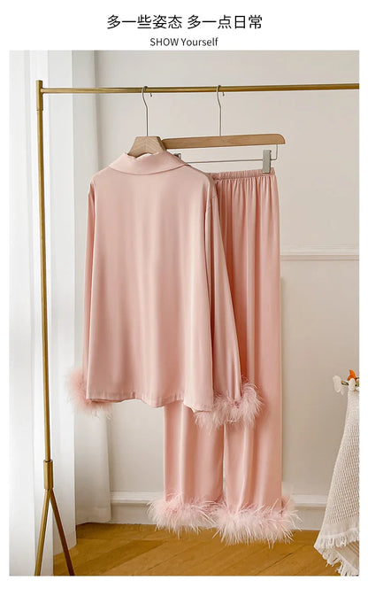Spring Autumn Female Pajamas Trouser Set Luxury Feather Pink Bride Wedding Sleep wear Gift Sexy Loose Satin Home Wear Lounge wear