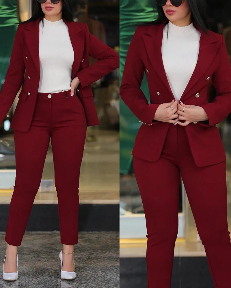 2pcs Women Office Clothing Set Long Sleeve Blazer Jacket & High Waist Pencil Pants Solid Color
