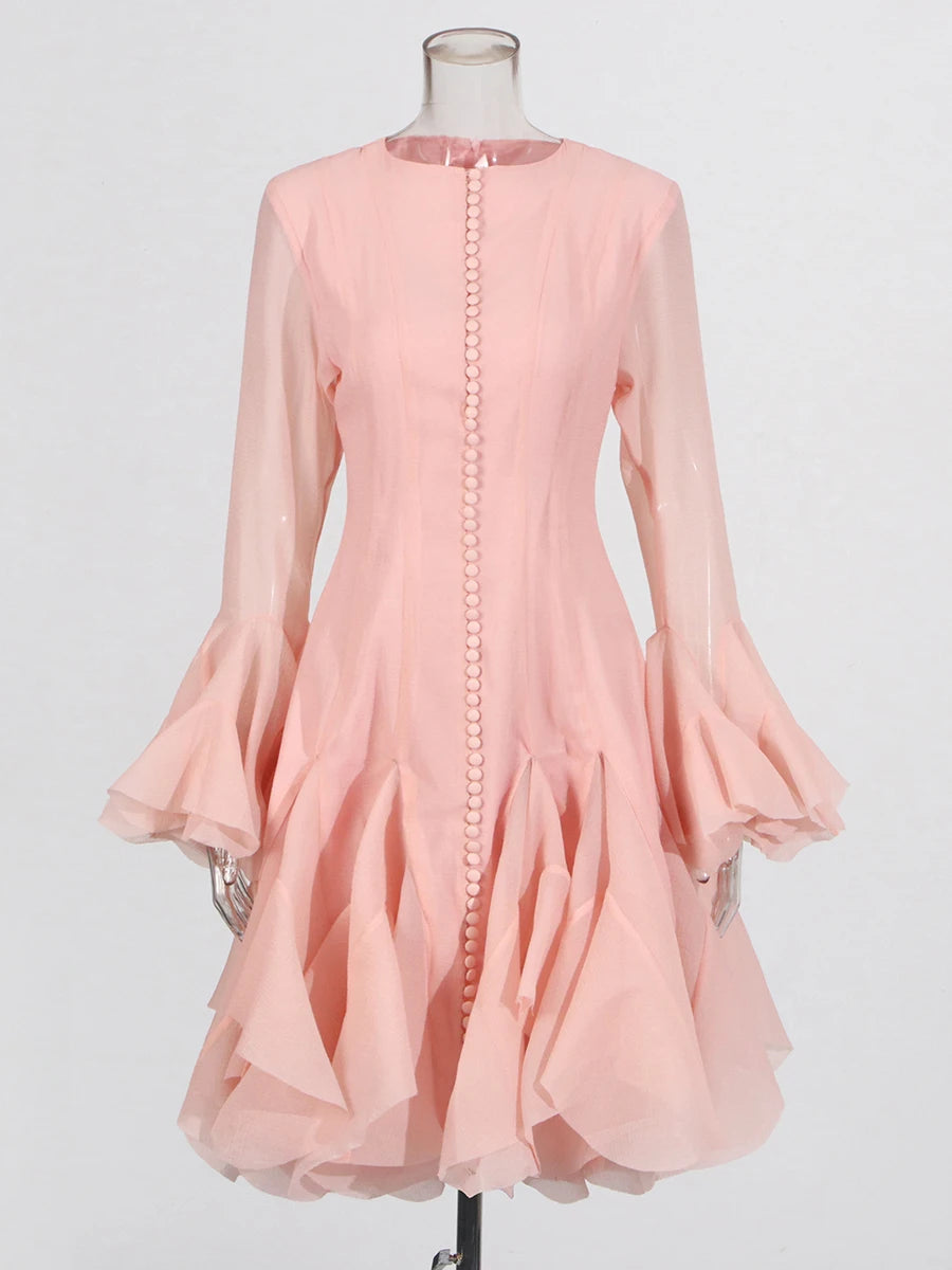 TWOTWINSTYLE Pink Patchwork Ruffle Dress For Women Round Neck Flare Sleeve High Wait Slim Elegant Midi 107CM Dress Female 2025