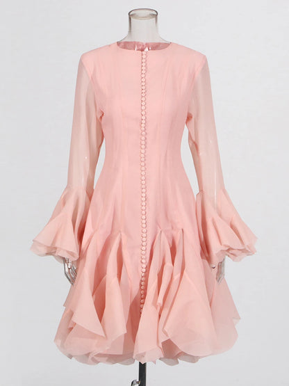 TWOTWINSTYLE Pink Patchwork Ruffle Dress For Women Round Neck Flare Sleeve High Wait Slim Elegant Midi 107CM Dress Female 2025