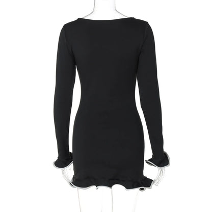 New Knitted Ruffle High Waist Mini Dress Women's Sexy Slim Long Sleeve Short Skirt Bodycon Dress Fall Luxury Crochet Clothes