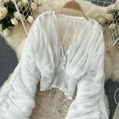 Women Sexy Chiffon Short Blouse Female See Through Super Long Sleeve Purple/Green/Black/White Folds Party Tops 2026 New