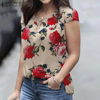 ZANZEA Summer Bohemian Short Sleeve Floral Printed Blouse Women Vintage Holiday Party Shirt Casual Beach Tops Tunic Bulses 2025