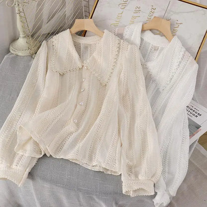 Shirts Women Peter Pan Collar Hollow Out Fashion Tender Sweet Solid Young French Style Elegant Ins Топ Женский New Arrival Chic