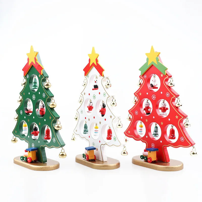 Holiday Tabletop Décor Carved Wood Xmas Tree 6 Hole Centerpiece for Mantel Scene Christmas Village Diorama Craft Ornament