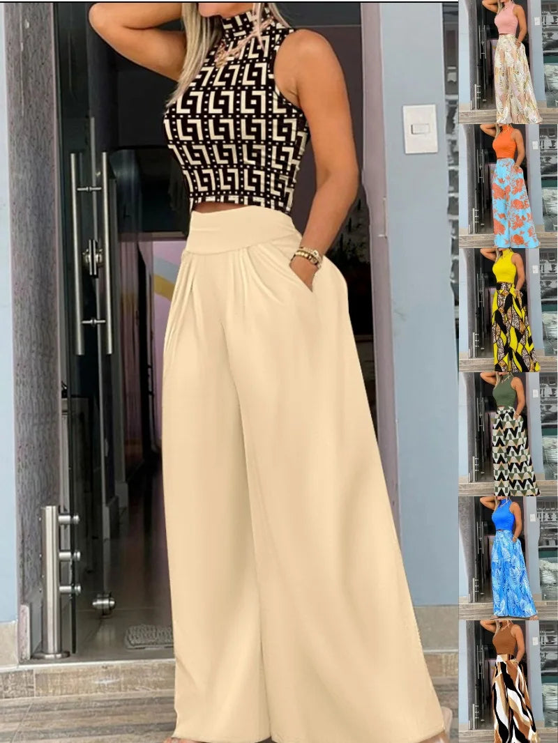 Summer Clothes Women 2026 Women Clothing Print Two-piece Set, Smooth Sleeveless T-shirt, Wide Leg Pants, Fashion Clothing