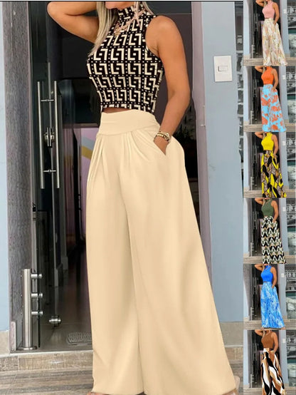 Summer Clothes Women 2026 Women Clothing Print Two-piece Set, Smooth Sleeveless T-shirt, Wide Leg Pants, Fashion Clothing