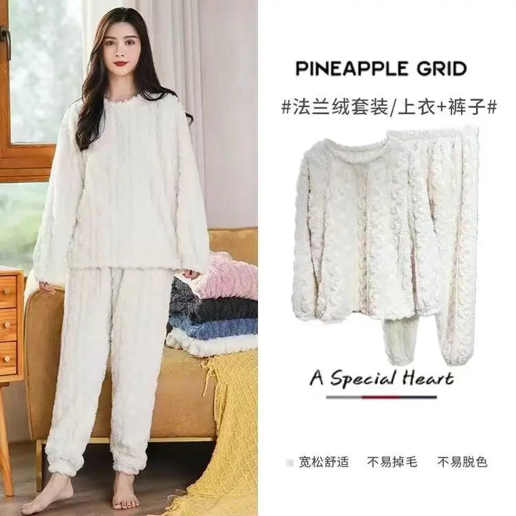 Fleece Women Pajamas Set Winter Sleepwear Solid Velvet 2 Piece Pant Home Suit Fluffy Casual Pajama Warm O-neck Night Wear