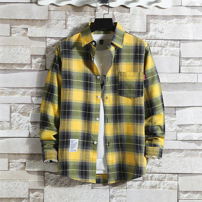 Spring New Korean Style Plaid Shirts Men's Handsome Long-sleeved Loose Casual All-matching Shirt Coats 2026 Trend Men's Clothing