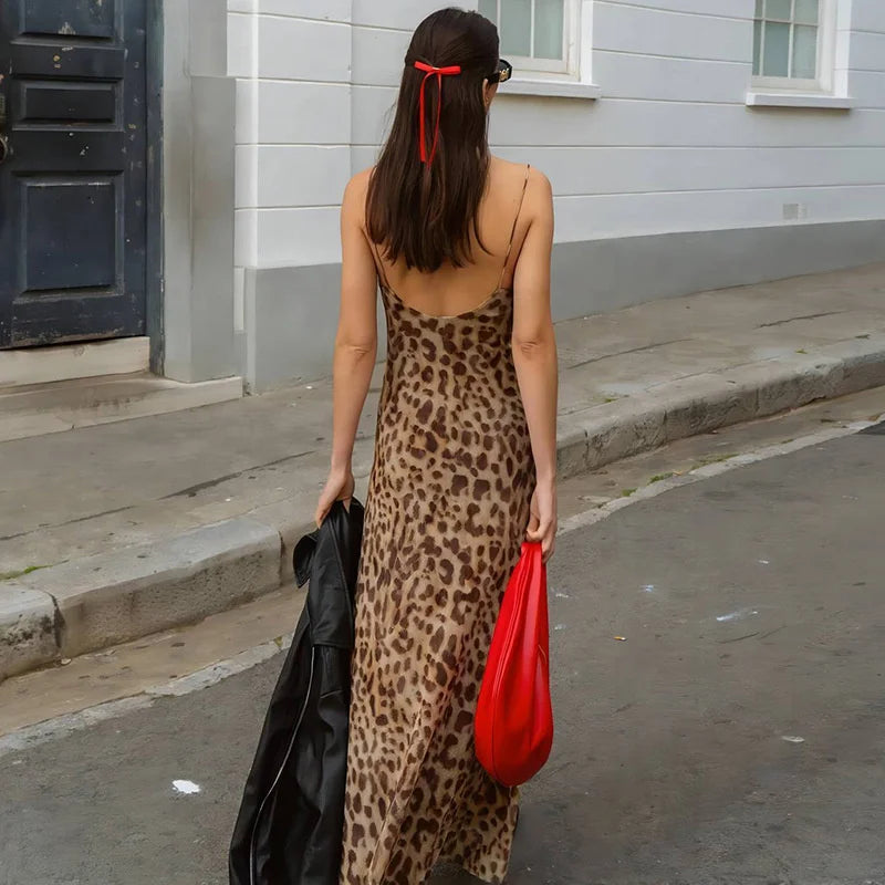 Vintage Leopard Print Chiffon Sexy Cami Dress Women V Neck Sleeveless Party Dress Fashion 2026 Summer Streetwear Dress