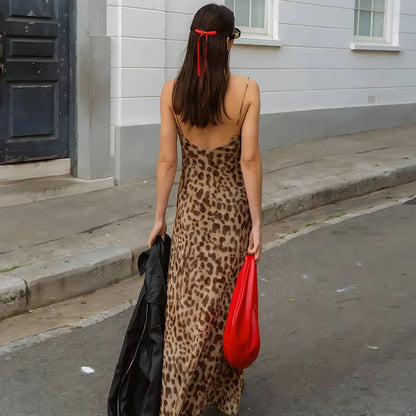 Vintage Leopard Print Chiffon Sexy Cami Dress Women V Neck Sleeveless Party Dress Fashion 2026 Summer Streetwear Dress