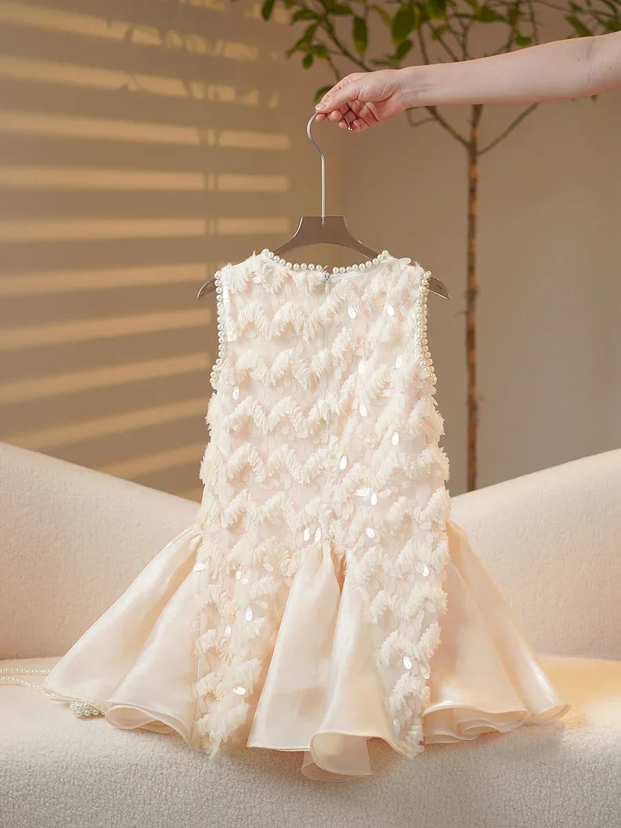 2025 Girls New High-end Dress Costumes Formal Clothes Beige Summer Matching Clothes White Short Sleeves Princess Party Wedding