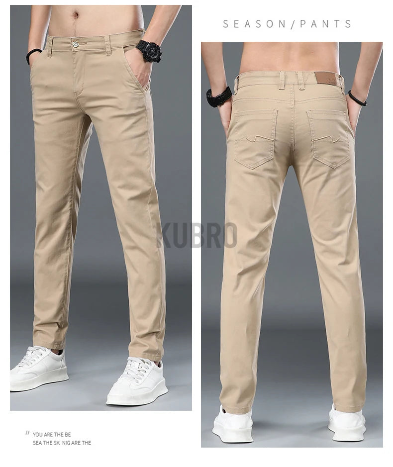 KUBRO Korean Style Cotton Soft Elastic Slim Straight Trousers Summer Thin Office Fashion Versatile Men's Business Casual Pants