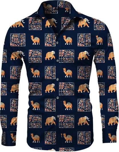 Fashion Irregular Plaid Flower Print Men's Long Sleeve Shirt Casual Party Street Hawaiian Polo Collar Shirt