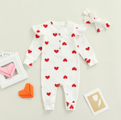 Newborn Baby Girls Valentine's Day Romper Ruffle Ribbed Bodysuit Heart Jumpsuit with Headband Valentine Outfits 0-18M